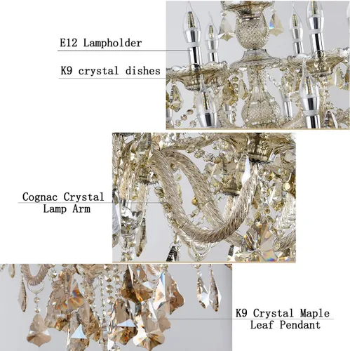 Vista 3 de Moderna lámpara de araña de cristal K9 Cognac de 6 luces, base de vela E12, lámpara colgante de cristal, elegante lámpara de techo de cristal
