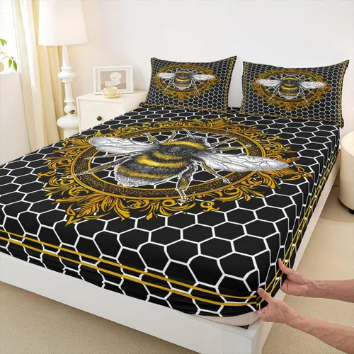 Vista 10 de Erosebridal Honey Bee - Juego de sábanas bajeras negras y doradas, tamaño individual, diseño geométrico de panal de abeja para niños y niñas, funda