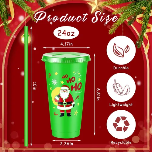 Vista 2 de 32 vasos de plástico de Navidad con tapas y pajitas de 24 onzas, reutilizables, para fiestas de Navidad, vasos de plástico para suministros