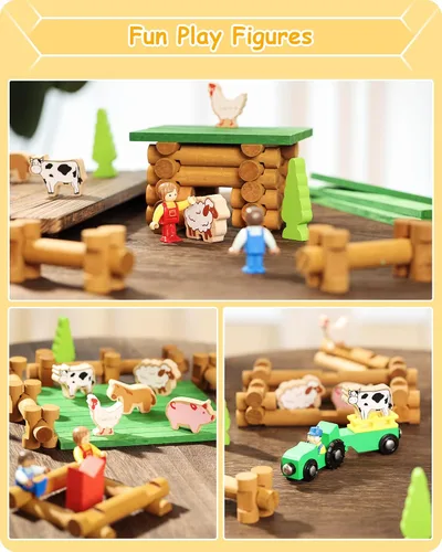 Vista 4 de SainSmart Jr. Juego de cabaña de troncos de madera para granja, juguete de casa de construcción para niños pequeños, 122 piezas Kit de construcción