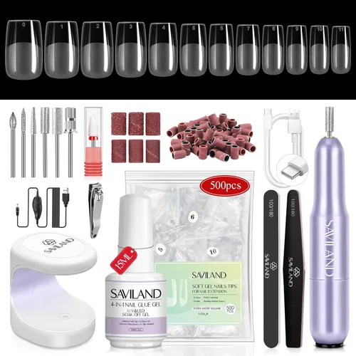 Vista 18 de Saviland Kit de iniciación de uñas acrílicas: polvo y líquido acrílico rosa claro nude, cepillo, limas, formularios, uñas a presión, juego