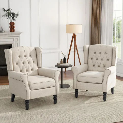Vista 3 de High Back Accent Chair, Fabric Upholstered Armchair Wingback Chair for Living Room, Comfy Bedroom Reading Seat with Solid Wood Legs, Beige