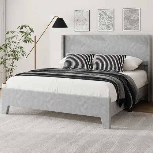 Vista 13 de Base de cama tamaño matrimonial con cabecero tapizado de imitación de cuero, resistente al desgaste, fácil de limpiar, base para colchón, no Beige