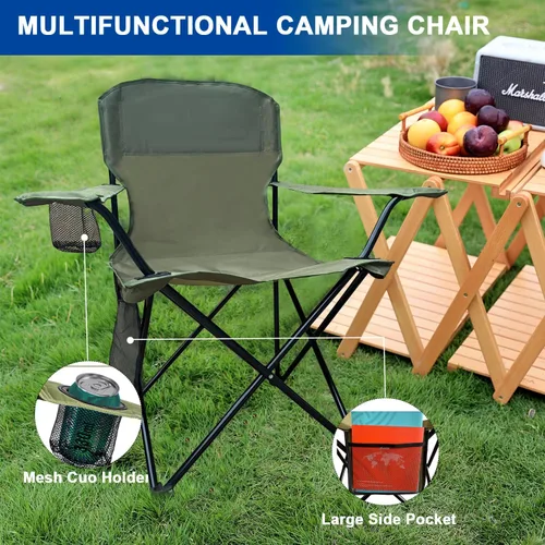 Vista 4 de Sillas plegables de camping colapsables Silla de césped de alta resistencia con bolsa para termos, bolsillo de almacenamiento, bolsa impermeable