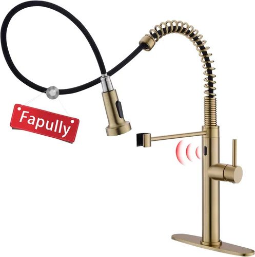 Vista 8 de Fapully Grifo de cocina sin contacto con rociador extraíble, sensor negro y dorado, grifo comercial de fregadero de cocina de una sola manija