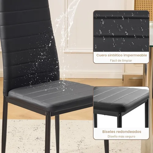 Vista 4 de Karl home Juego de 4 sillas de comedor, sillas de cocina de cuero sintético PU negro con respaldo alto acolchado y protección de tapas para pies