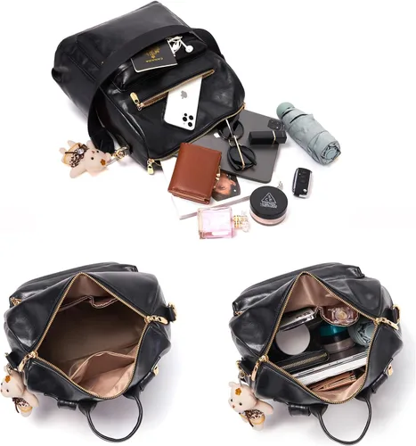 Vista 6 de Soperwillton Bolso de mochila para mujer. Bolsos de mano con diseño multiusos. Bolsa de hombro de cuero sintético. Bolsa de viaje. Juego de 2