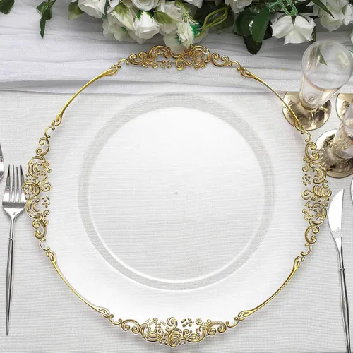Vista 6 de Tableclothsfactory Paquete de 6 platos barrocos redondos de oro transparente de 13 pulgadas, borde en relieve de hojas para decoración de mesa