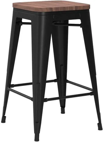 Vista 5 de Juego de 4 taburetes de bar de metal sin espalda de 24 pulgadas, apilables, industriales, para taburetes de isla de cocina, con asiento de madera
