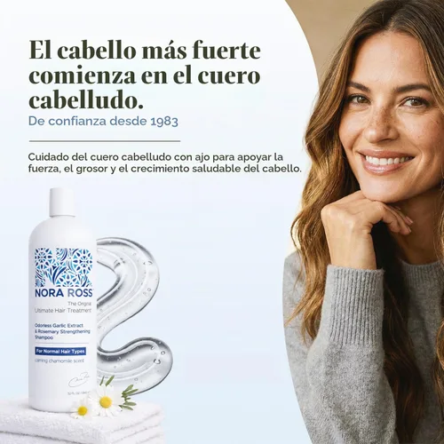 Vista 2 de Champú de ajo para tratamiento capilar. Para cabello normal a seco 32 onzas. Champú Blue Label para cabello seco/quebradizo