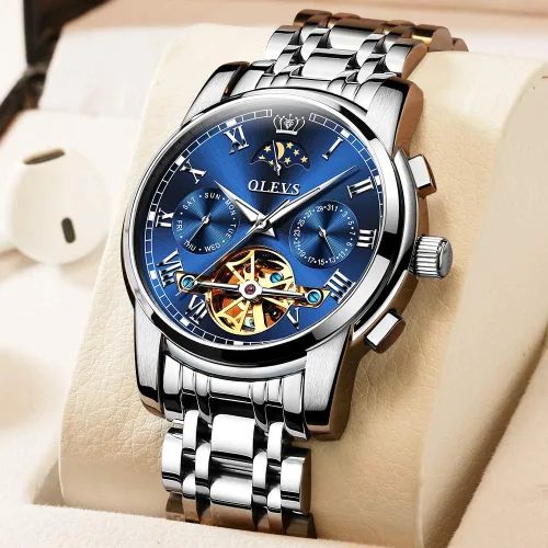 Vista 4 de OLEVS Relojes de cuerda automática para hombre, reloj de pulsera mecánico con diseño de esqueleto Tourbillon, relojes automáticos de acero