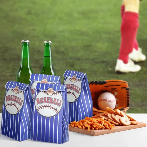 Vista 2 de Outus 30 bolsas de regalo de béisbol, bolsas de papel azules con calcomanías para fiestas temáticas de equipo, decoración de cumpleaños, celebración