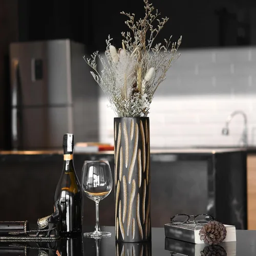 Vista 4 de AeraVida Eco-Chic - Jarrón de madera cilíndrico de mango tallado a mano marrón de 14 pulgadas Florero alto de madera Decoración del hogar