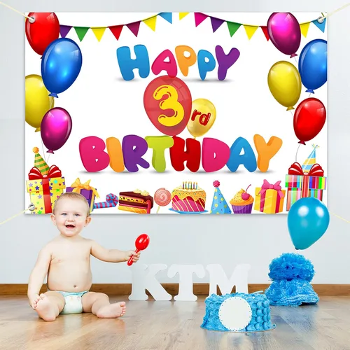 Vista 6 de HAMIGAR Fondo de pancarta de feliz cumpleaños de 6 x 4 pies, decoraciones de cumpleaños de 3 años, suministros de fiesta para niñas y niños, colorido