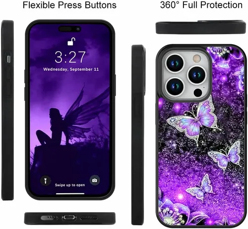 Vista 2 de OOK Diseños para iPhone 14 Pro Max Funda con Purpurina Mariposa Púrpura Diseño de Nebulosa Espacial PC Duro + TPU Suave Parachoques Antideslizante