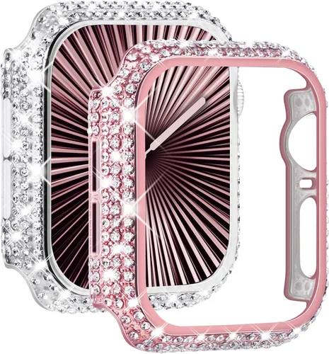 Vista 16 de NewWays Paquete de 2 fundas brillantes con diamantes completos para Apple Watch 40mm para mujeres, protector de diamantes completamente pavimentado