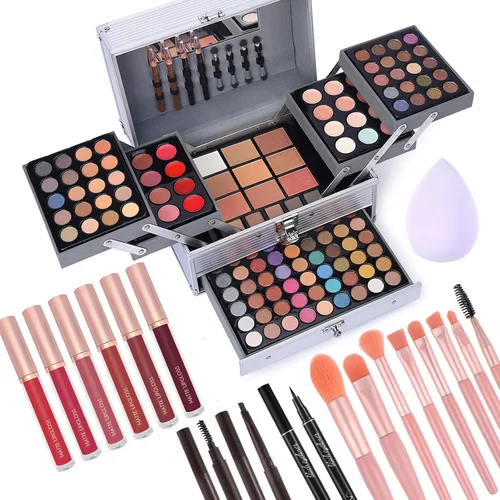 Vista 10 de Set de regalo de maquillaje para mujeres y niñas, kit de maquillaje completo todo en uno con sombra de ojos, brillo de labios, corrector, rubor