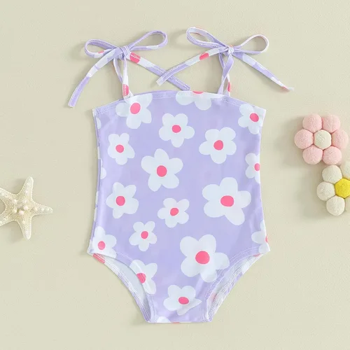 Vista 3 de Traje de baño de una pieza para bebé niña, traje de baño floral sin mangas para verano, ropa de playa