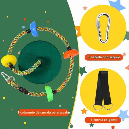 Vista 2 de Columpio de árbol para niños a partir de 3 años, juego de cuerda de escalada con asiento de disco resistente (verde)