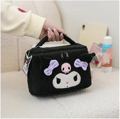 Vista 3 de Kuromi - Bolsa de cosméticos de felpa para maquillaje, organizador portátil de viaje con asa, color negro, Negro -, Personaje
