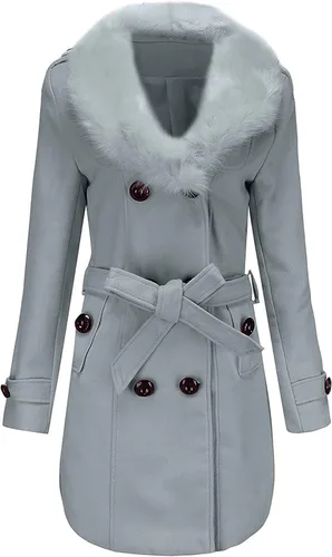 Vista 3 de Gabardina larga clásica con cinturón para mujer, con cuello de piel y cuello de piel