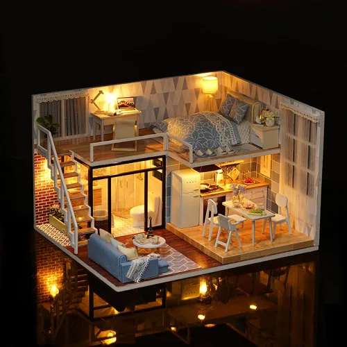 Vista 2 de Kit de casa de muñecas en miniatura con muebles, a prueba de polvo y movimiento de música