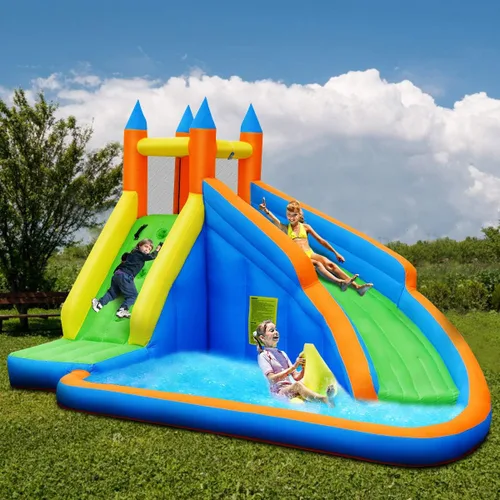 Vista 8 de GYMAX Casa inflable para saltar, tobogán acuático con pared de escalada y piscina de salpicaduras, fácil instalación, casa hinchable resistente