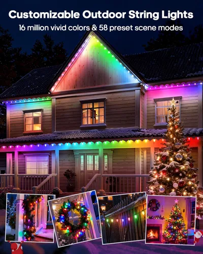 Vista 9 de Luces de Navidad Inteligentes, C9 RGB de 66 pies, 100 luces LED de fresa conectables, control remoto de aplicación, sincronización de música, luz