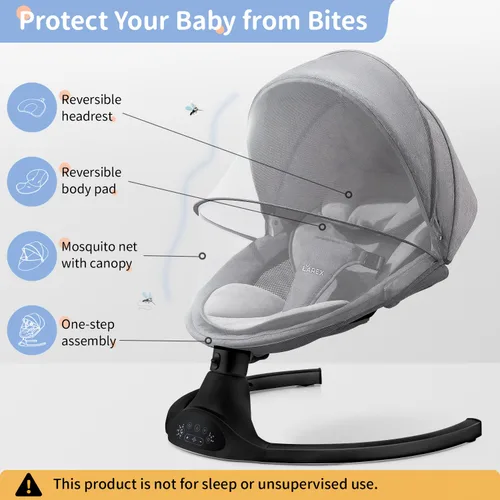 Vista 7 de LAREX Columpio de bebé eléctrico portátil para recién nacidos, niños pequeños, 5 velocidades de balanceo con control remoto, 10 melodías Negro