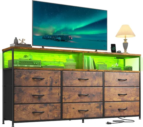 Vista 9 de Cómoda de 55 pulgadas de ancho para dormitorio con 9 cajones LED, tomas de corriente para TV de 65 pulgadas