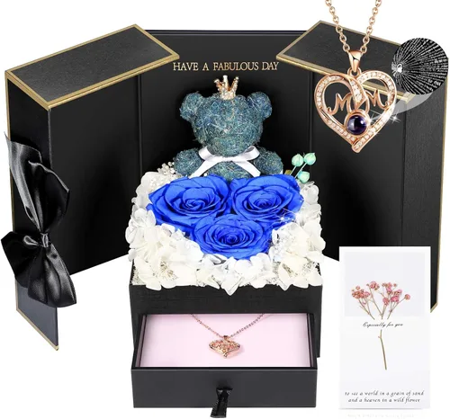 Vista 27 de AddWel Regalos de rosas para mujer, rosas azules reales preservadas con collar I Love You en 100 idiomas y lindo oso de musgo para novia, esposa