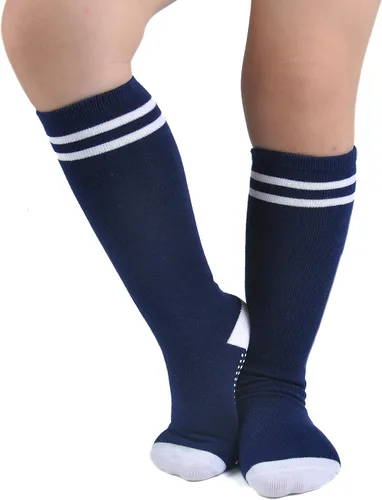 Vista 5 de EPEIUS Calcetines altos hasta la rodilla con agarre antideslizante Toddller Athletic Stripe Team Tube Calcetines para niños y niñas, paquete de 5
