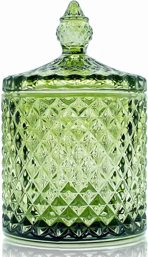 Vista 19 de Tarro de almacenamiento de caramelos de vidrio de cristal colorido con relieve, lujoso recipiente para buffet de galletas con tapas, caja