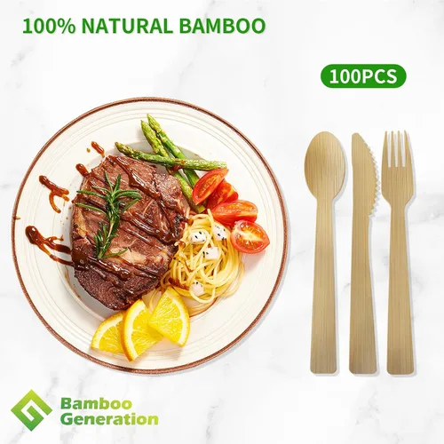 Vista 3 de Tenedores 100% de bambú – Utensilios desechables, biodegradables y compostables, cubiertos reutilizables o desechables para bodas, campamentos