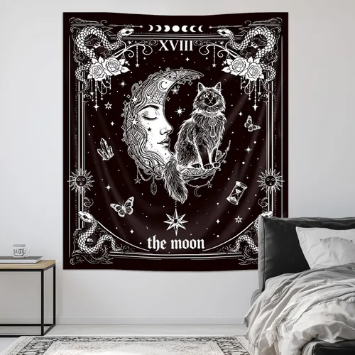 Vista 9 de Riyidecor Tapiz vertical de mujer misteriosa de fase lunar, bohemio, pequeño, gótico, para colgar en la pared, plantas florales, hojas estrelladas