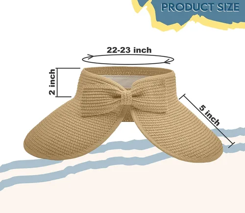 Vista 6 de Visera solar de paja para mujer, ala ancha, protección UPF 50+, sombrero de playa, ajustable, plegable, gorra de cola de caballo con correa