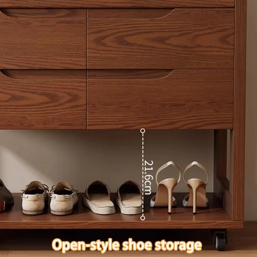 Vista 7 de Perchero de madera maciza, perchero móvil de 360°, perchero de gran capacidad con 4 cajones y un zapatero, perchero para entrada, dormitorio Natural