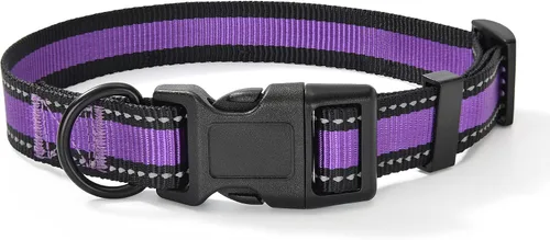 Vista 17 de Mile High Life - Collar para perro con rayas reflectantes 3M y correa de nailon, rojo, azul, verde, morado y rosa