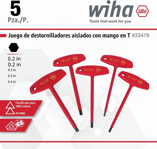 Vista 3 de Wiha Tools 33478 - Juego de métricas hexagonales con mango en T aislado, 5