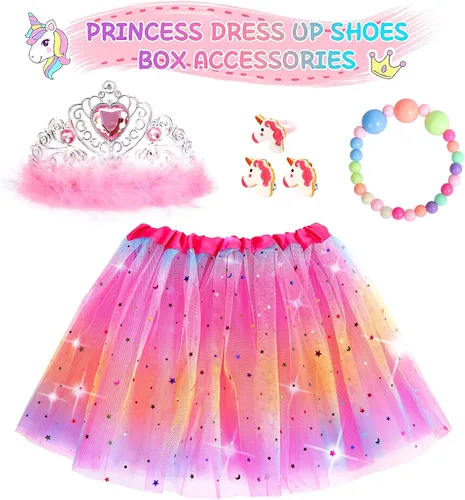 Vista 4 de Juego de regalo de princesa para niñas de 3 a 6 años, juego de zapatos de vestir de princesa que incluye kit de joyería para niños, faldas 3 pares