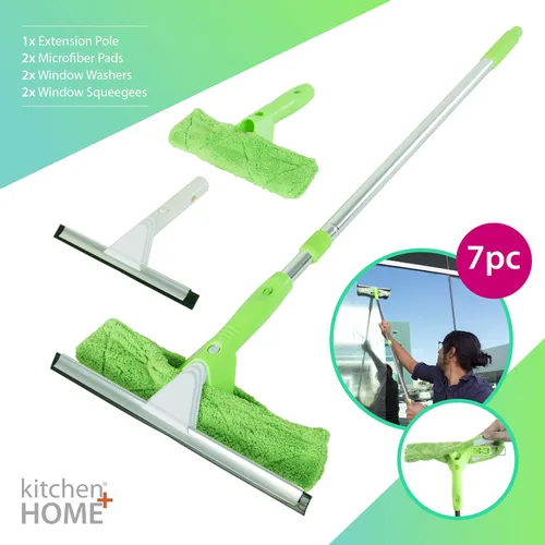 Vista 4 de Limpiacristales profesional 3 en 1. 2 Paños de microfibra con palo con extensible. Para vidrios y auto.