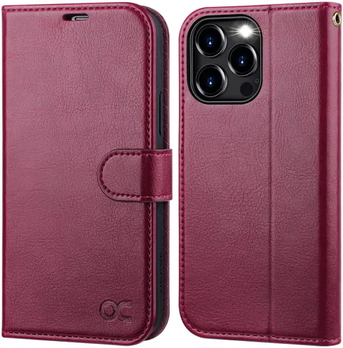 Vista 9 de OCASE Funda tipo cartera compatible con iPhone 15 Pro, de piel sintética, con tarjetero, bloqueo RFID, soporte para teléfono