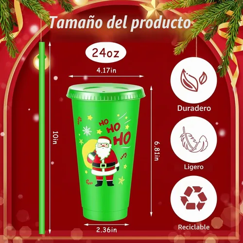 Vista 2 de 32 vasos de plástico de Navidad con tapas y pajitas de 24 onzas, reutilizables, para fiestas de Navidad, vasos de plástico para suministros