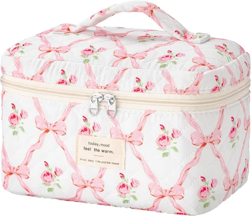 Vista 13 de HBselect Bolsa de Maquillaje Acolchada, Bolsa de Maquillaje Grande de Algodón para Viaje, Lindas Bolsas de Maquillaje con Flores Coquette, Bolsas