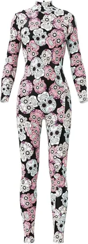 Vista 10 de Sister Amy Disfraz de esqueleto de calavera para mujer de Halloween, traje ajustado de una pieza J-colorido esqueleto