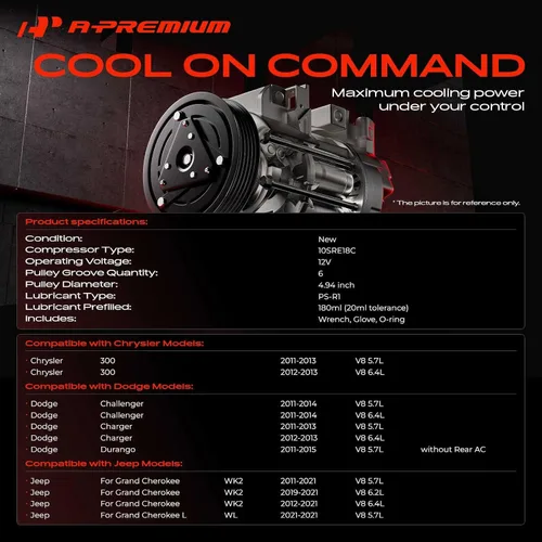 Vista 2 de A-Premium Compresor de aire acondicionado AC con embrague Compatible con Jeep Grand Cherokee 2011-2021 y Dodge Charger 2011-2013, Durango 2011-2015