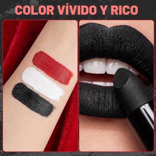 Vista 5 de 3 Pairs Fake Fangs Vampire Teeth Halloween Makeup Cosplay Kit with Solid Adhesive, Black Lipstick+3-color Face Paint Plate+Scar Stickers, Vampire