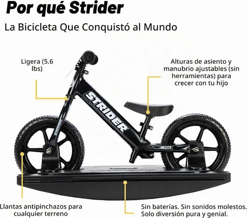 Vista 4 de Strider Bicicleta Pro de 12" (Perla Negra) + Base Mecedora - Ayuda a Enseñar al Bebé Cómo Montar una Bicicleta de Equilibrio - para Niños de 6 Meses