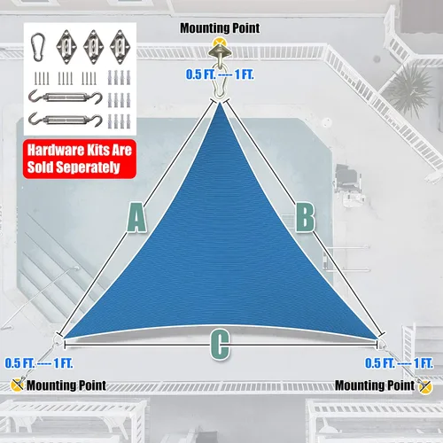 Vista 6 de Amgo Toldo triangular azul de 8 x 8 x 8 pies, toldo UPF50+ AGSLT, 95% de bloqueo UV, permeable al agua y al aire, 200GSM resistente, comercial