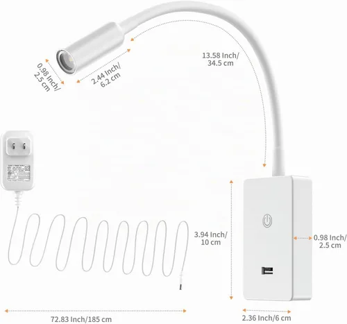 Vista 7 de Luz LED de lectura de cabecera montada en la pared con control remoto inalámbrico, lámpara LED flexible blanca de pared para dormitorio, iluminación